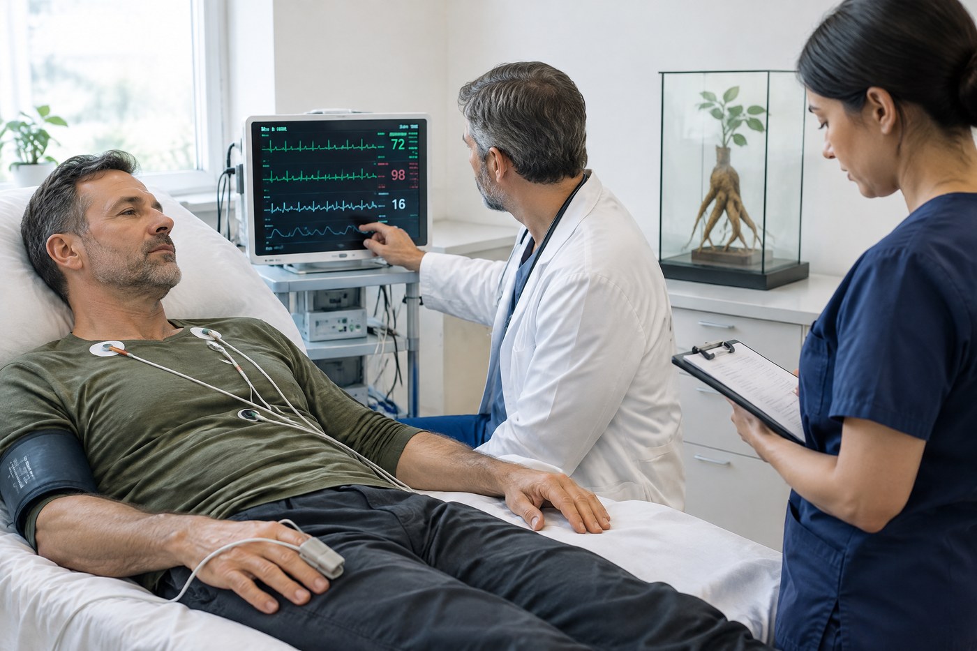 Adult patient resting in a medical setting while clinicians monitor cardiac and vital signs during an ibogaine treatment protocol.