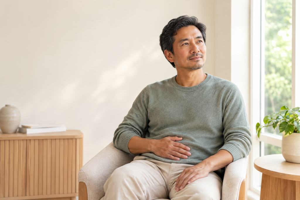 Adult Asian man sitting in a bright room with one hand resting gently over his lower abdomen.