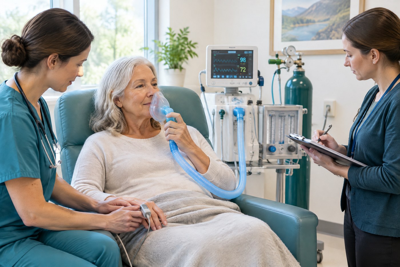 Adult research participant using a monitored nitrous oxide breathing mask in a clinical research setting.