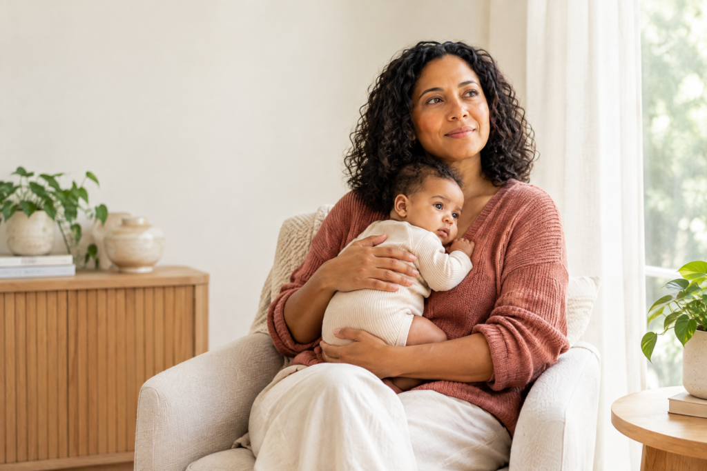 Young Black mother sitting in a peaceful, light-filled room while holding her baby securely.