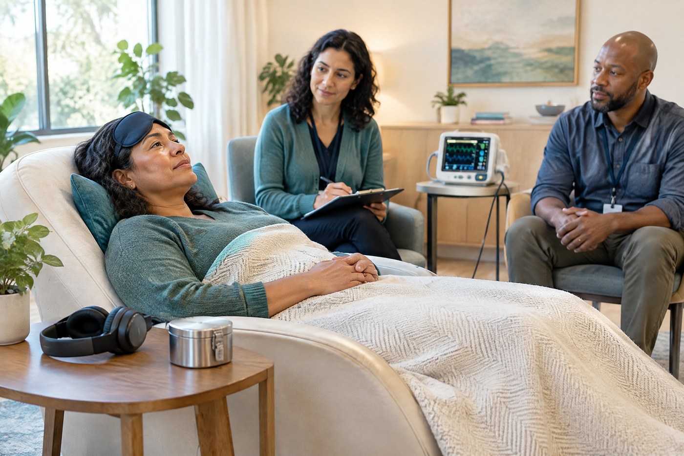 Adult research participant in a calm clinical room with two trained facilitators during a monitored psychedelic study session.