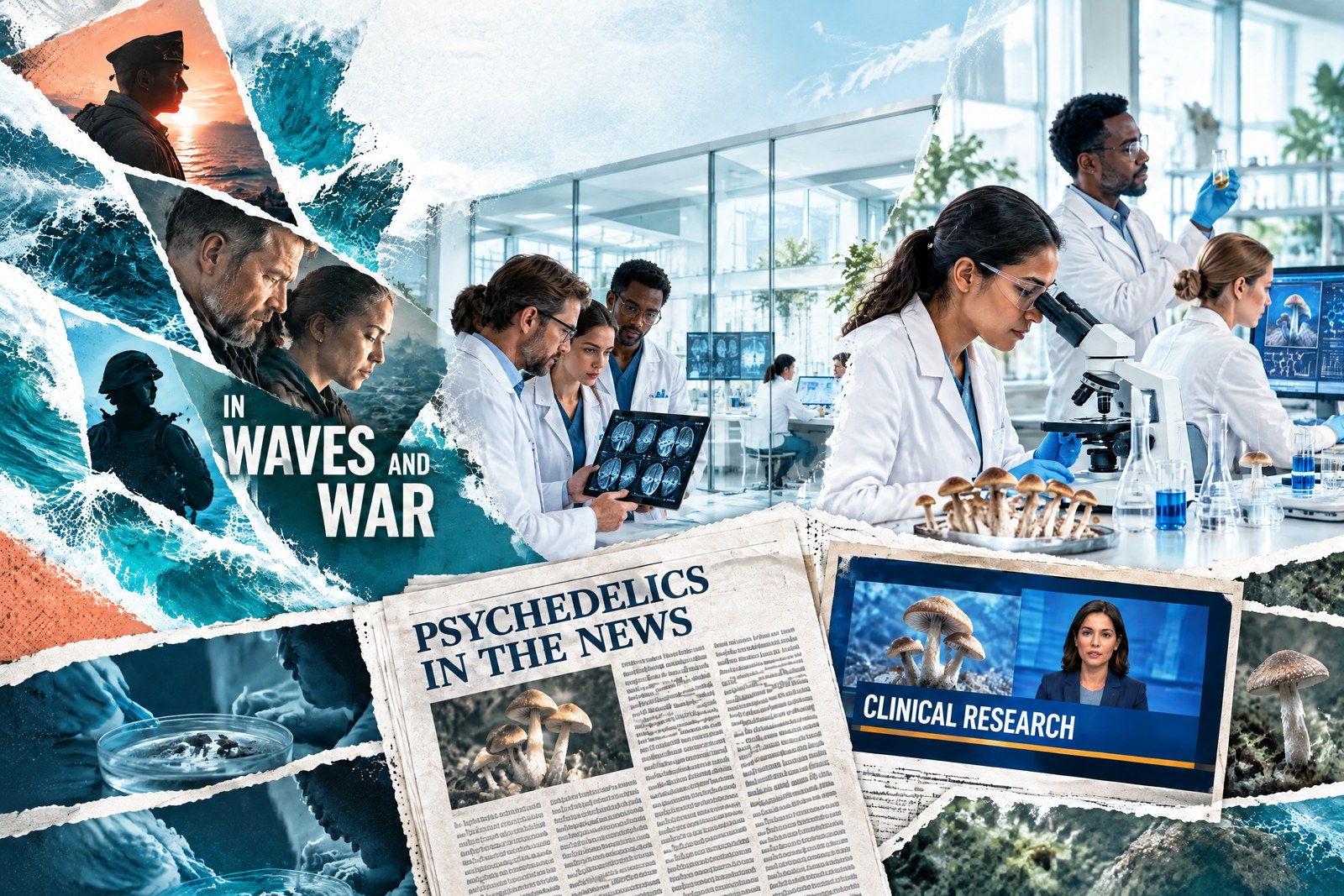 Editorial collage showing a veteran documentary scene, psychedelic news coverage, and a diverse clinical research team in a laboratory.