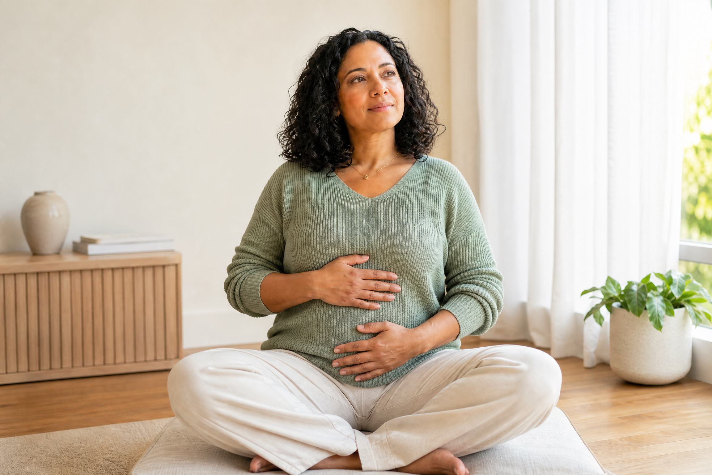 Adult woman practicing slow diaphragmatic breathing in a calm, sunlit room.