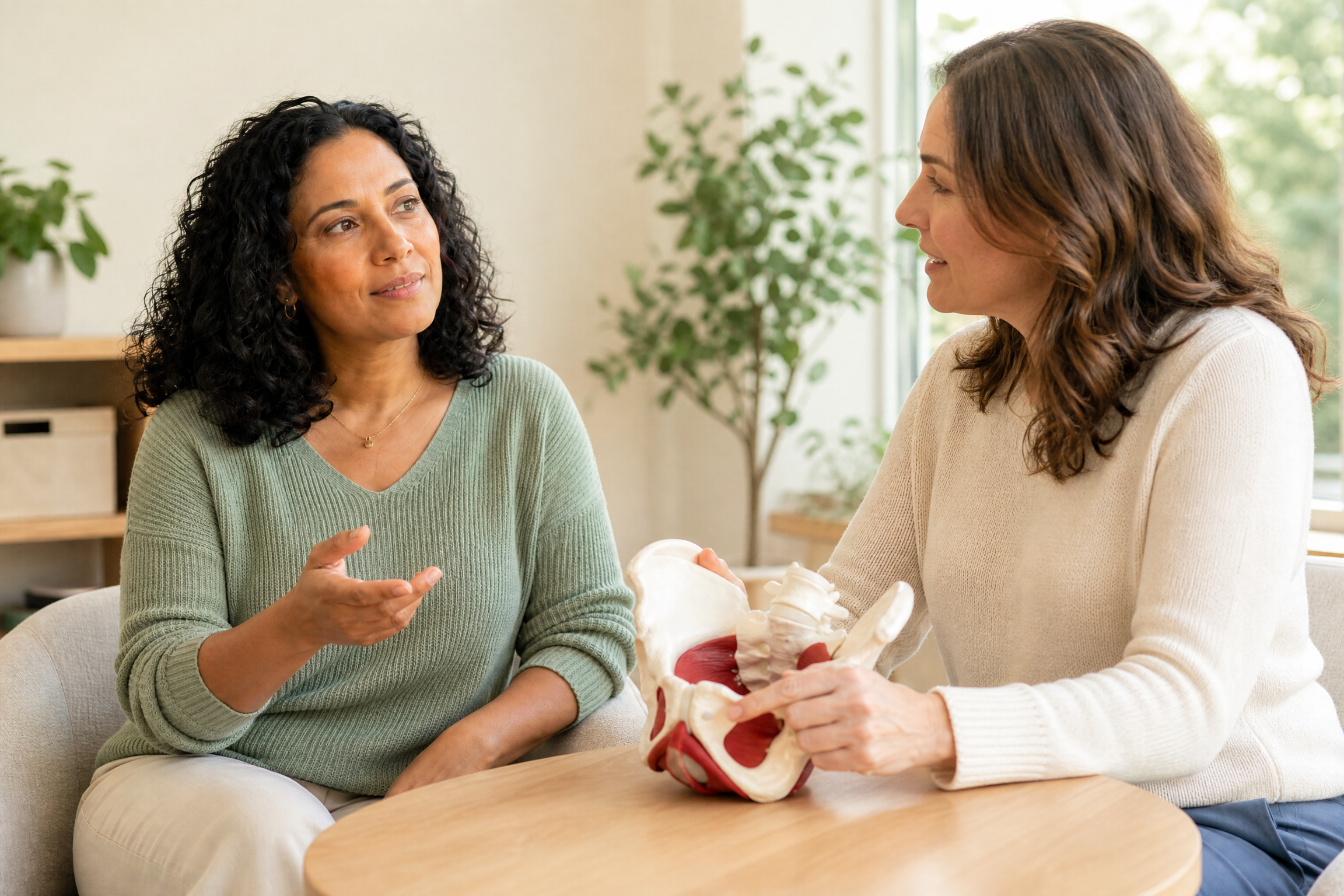 Adult patient and pelvic-health physical therapist discussing a pelvic anatomy model together in a bright clinic.