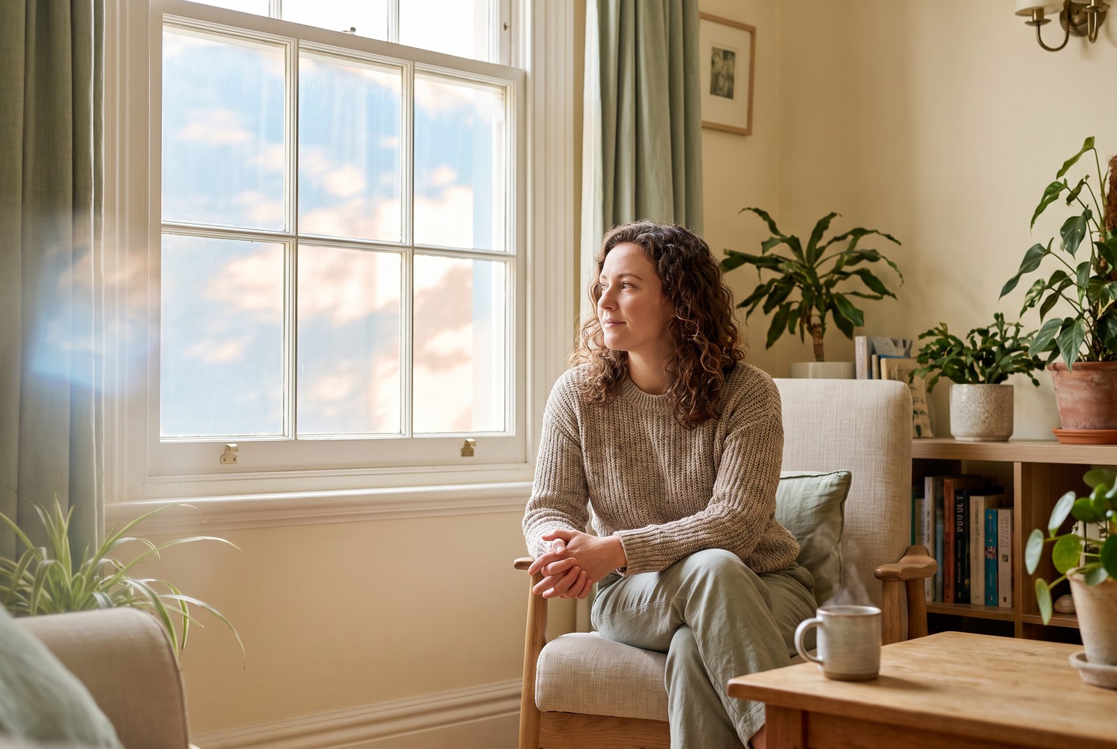 A woman seated beside a bright window with a thoughtful expression in a calm room.