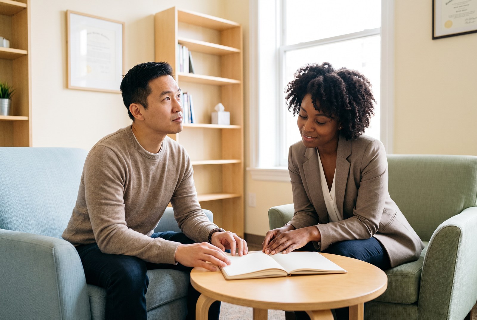 An Asian adult man and a Black female therapist reviewing a notebook together in a bright office.