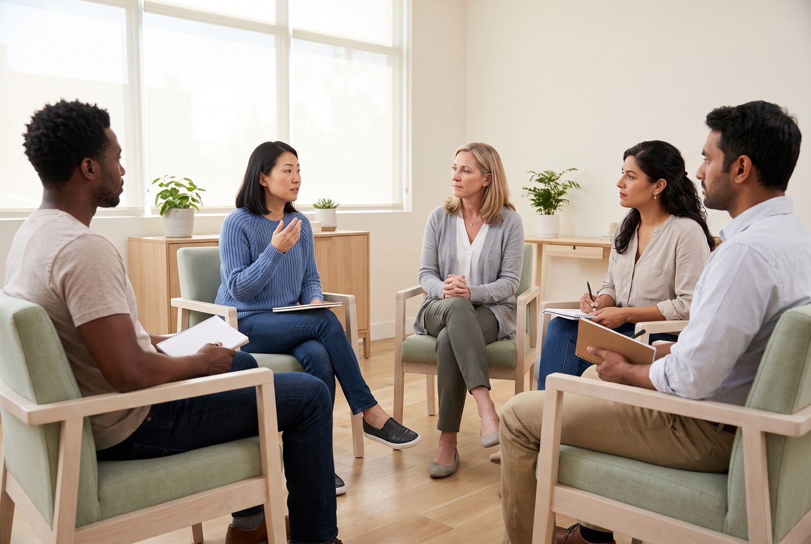 A diverse group of adults with notebooks listening to a facilitator and one another in a bright counseling room.
