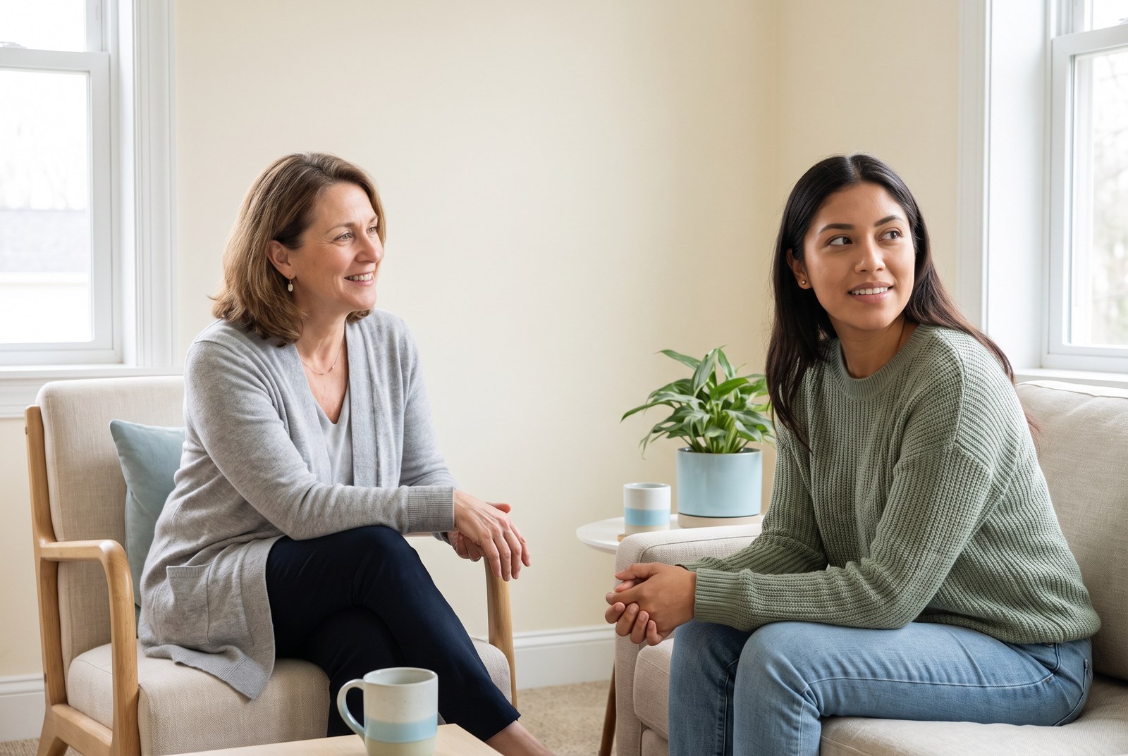 A therapist and a Latina adult client seated in a sunlit counseling office.
