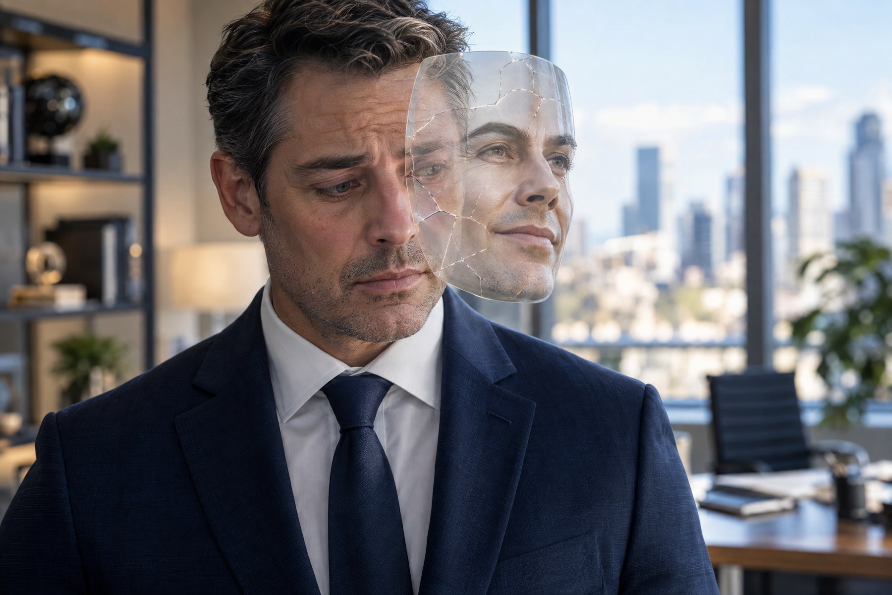 A business leader in a navy suit with a translucent fractured mask beside his face, contrasting a confident expression with vulnerability