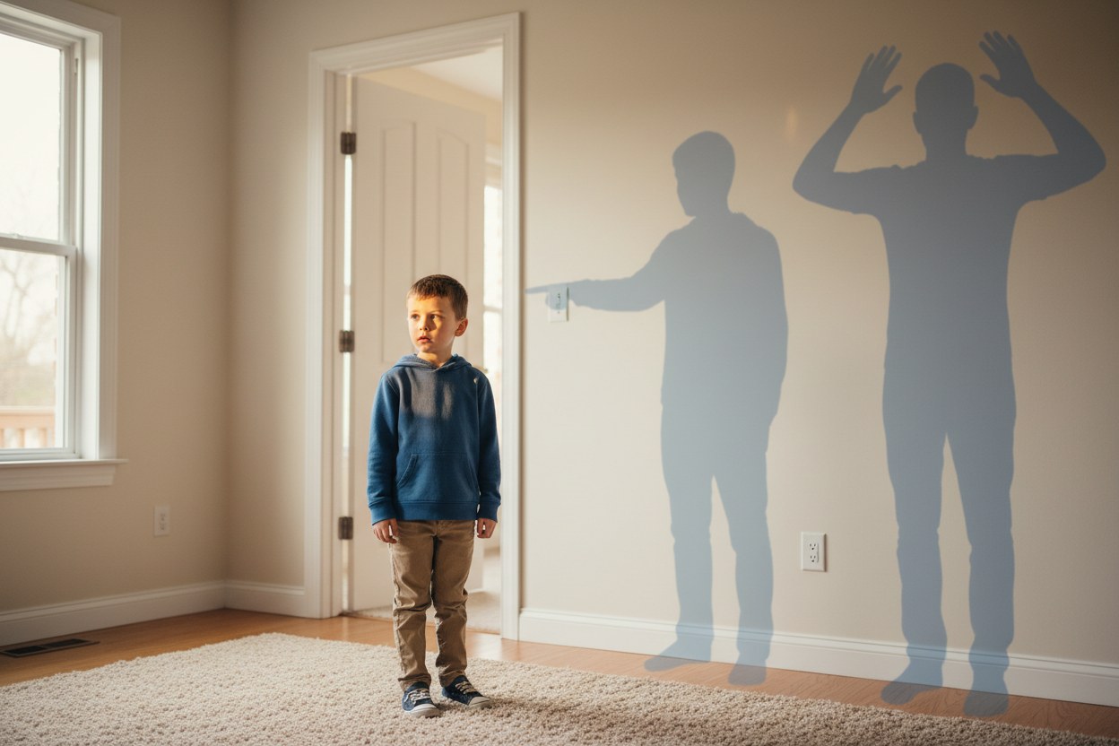 A child in a sunlit room beside two oversized adult shadows with contrasting gestures