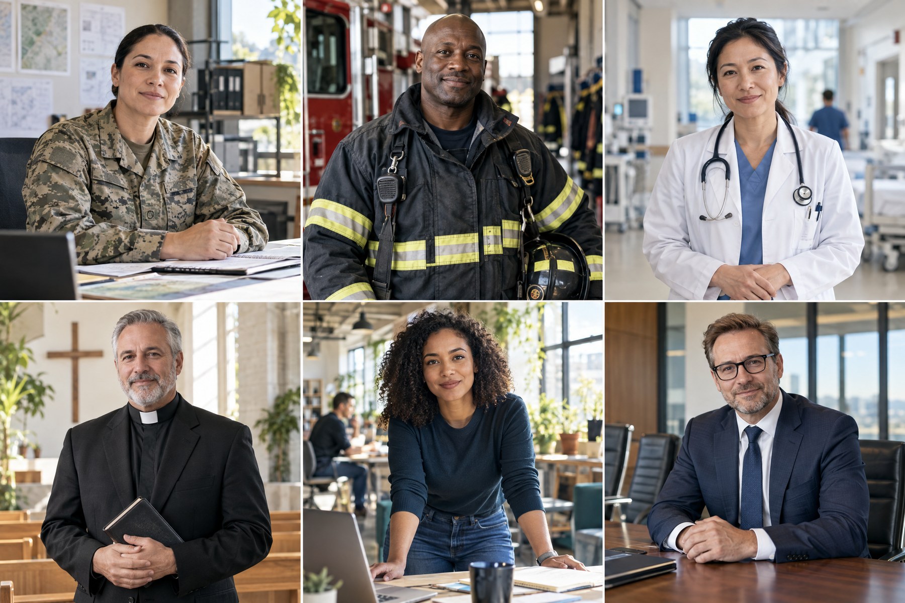 Six professionals representing military leadership, emergency response, medicine, clergy, entrepreneurship, and executive leadership