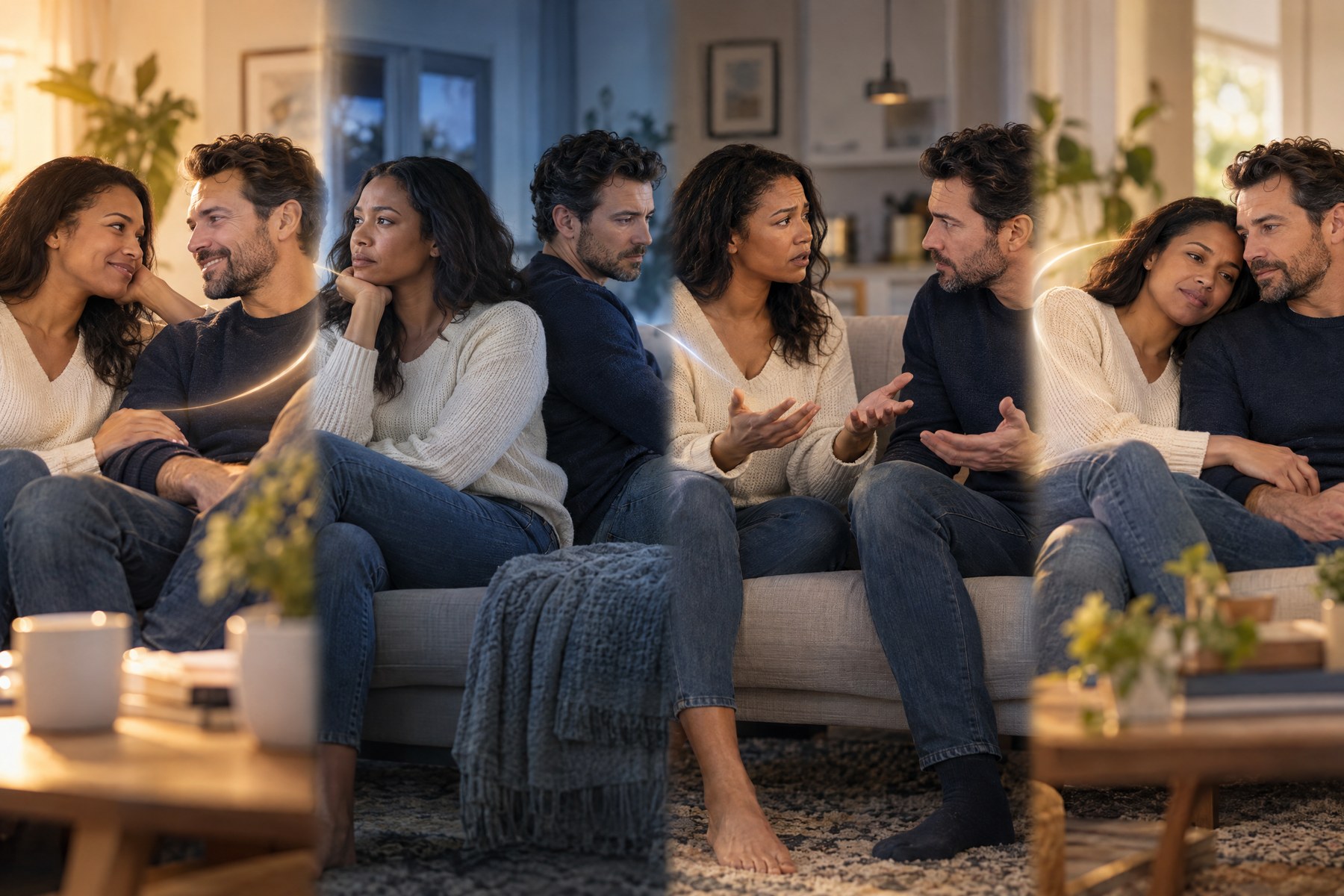 The same couple shown in four connected moments of closeness, distance, disagreement, and reconnection