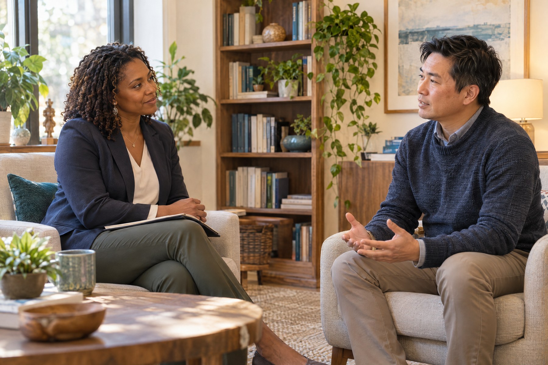 A therapist listening to a client in a bright, warm therapy office